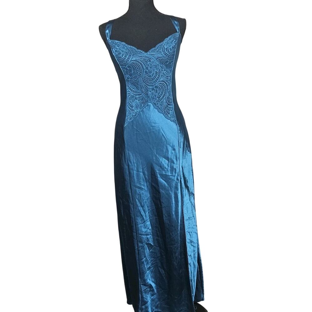 Whimsigoth Vtg Victorias Secret Gold Label Long Teal Nightgown L Lace Satin Slip